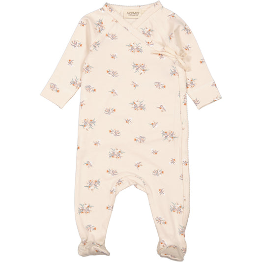 Long-sleeved wrap romper with footies. The romper is closed with both snap buttons and ribbons from the neck and along one leg  Certified according to Standard 100 by OEKO-TEX® (OEKO-TEX® STANDARD 100 