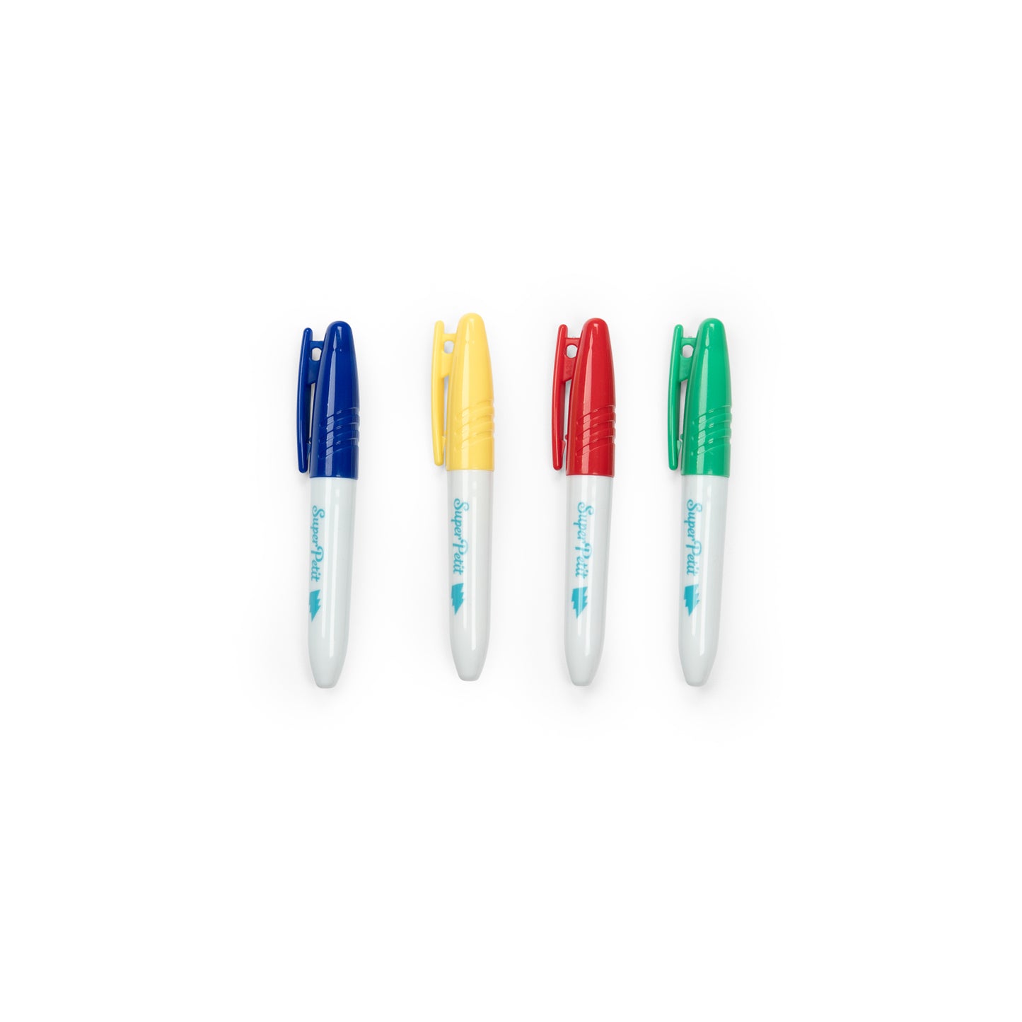 Four colorful pens with blue, yellow, red, and green caps on a white background