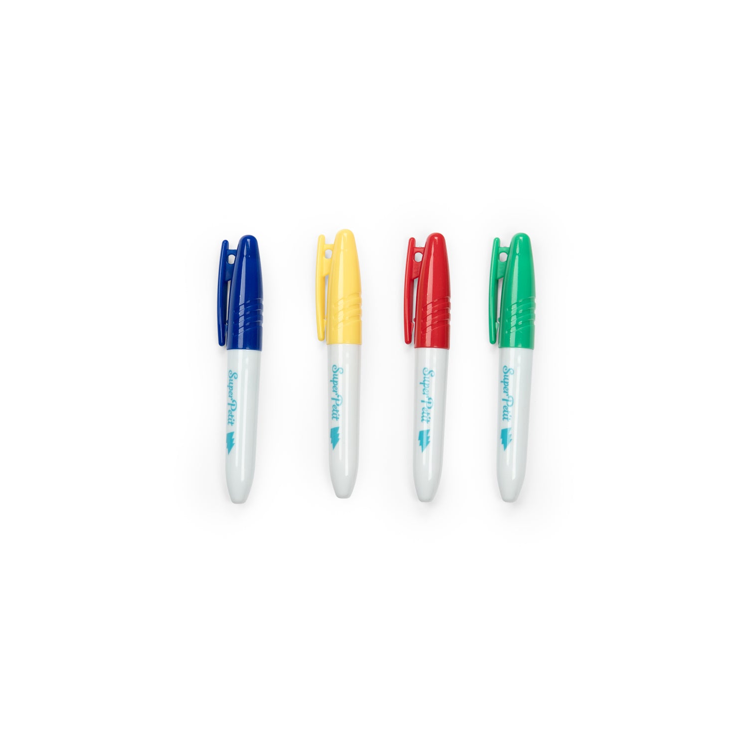Four colorful pens with blue, yellow, red, and green caps on a white background