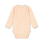 A long-sleeve baby bodysuit shown from the back, featuring a light peach base with a small orange polka dot pattern and gray scalloped trim along the neckline and cuffs.