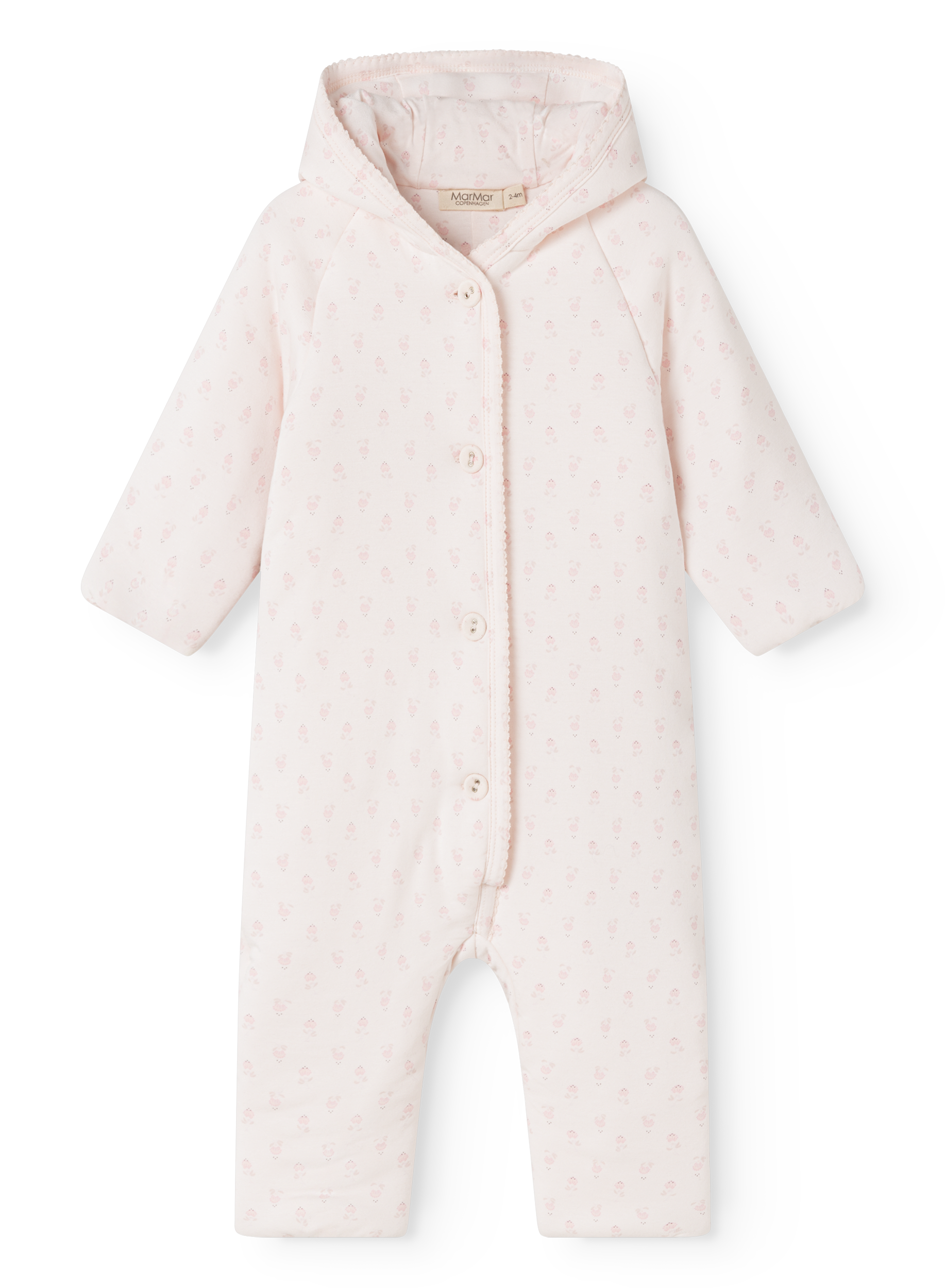 A light pink hooded baby jumpsuit with a tiny repeating floral pattern, featuring a snap-button front and long raglan sleeves, shown against a plain white background.