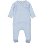 Light blue MarMar Copenhagen baby grow with a subtle ribbed texture. Made from soft organic cotton, this footed onesie features long sleeves and a wrap-around snap-button closure for easy dressing and changing. A timeless and cozy essential for your baby's wardrobe.