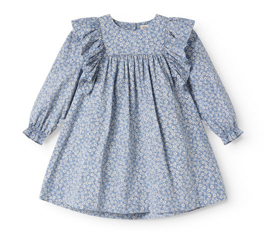 A long-sleeve children's dress with a blue and white floral print, featuring ruffled shoulders and a smocked waist, laid flat on a white background.