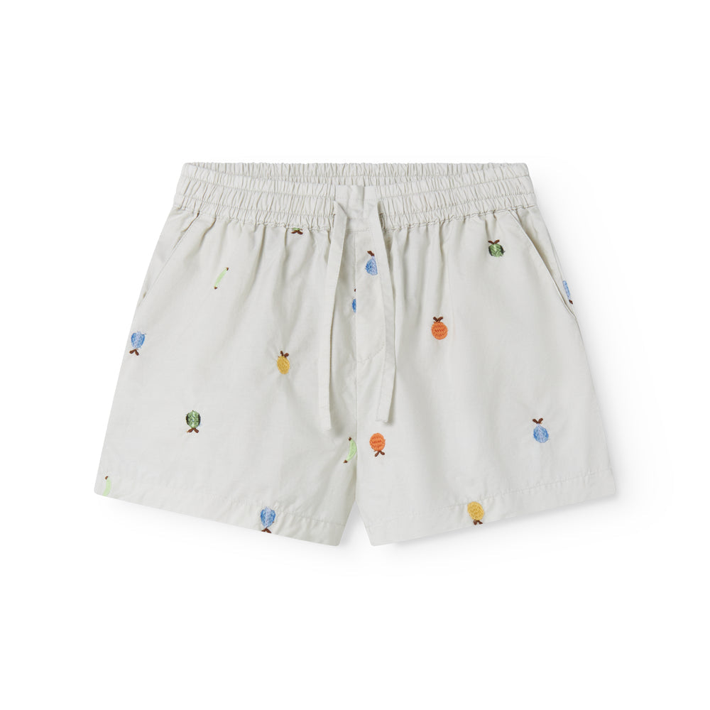 Light gray shorts with colorful embroidered designs on a white background