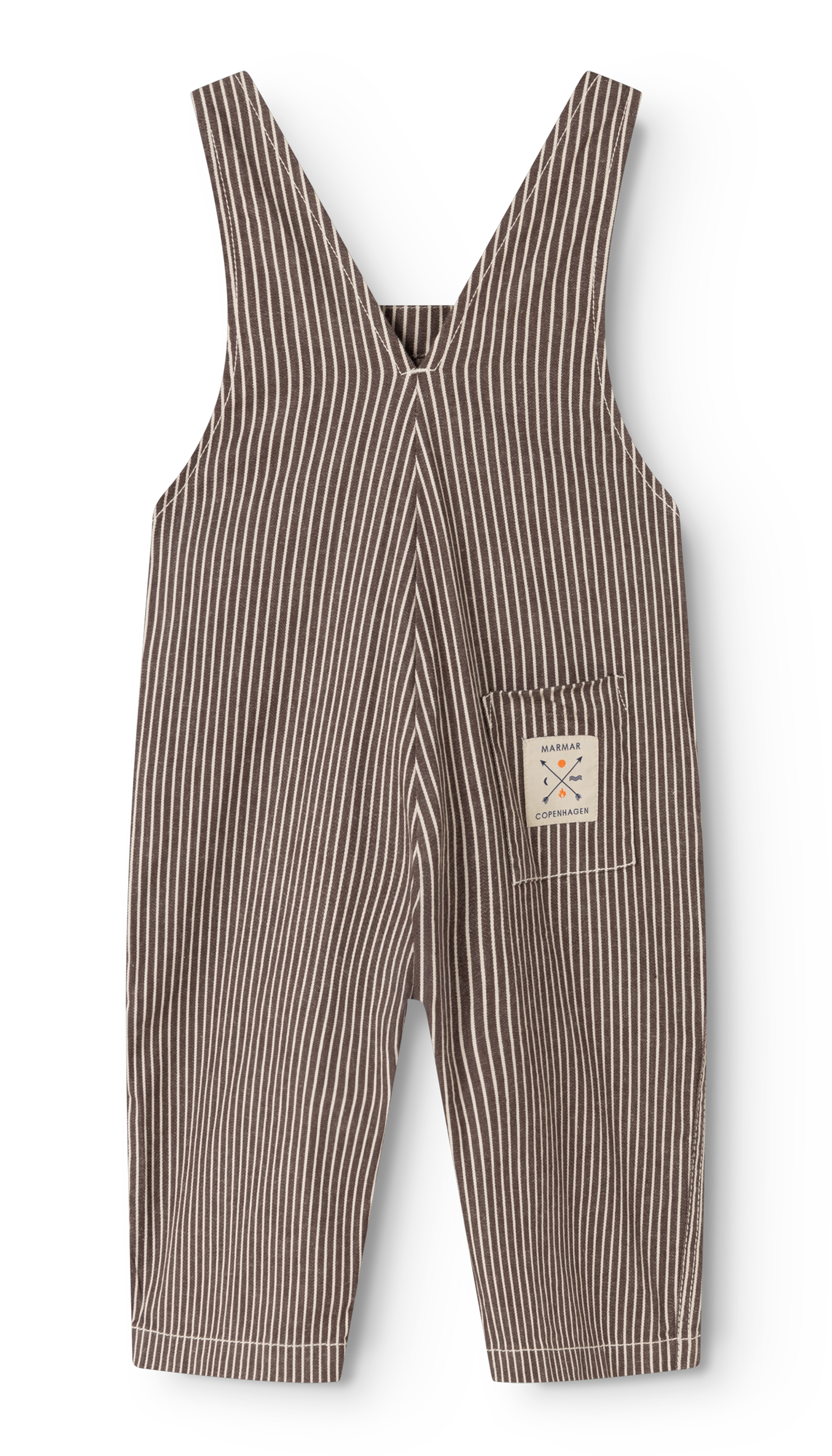 A baby romper with vertical brown and white stripes, featuring a front patch pocket with a small embroidered brand patch, shown against a plain white background.