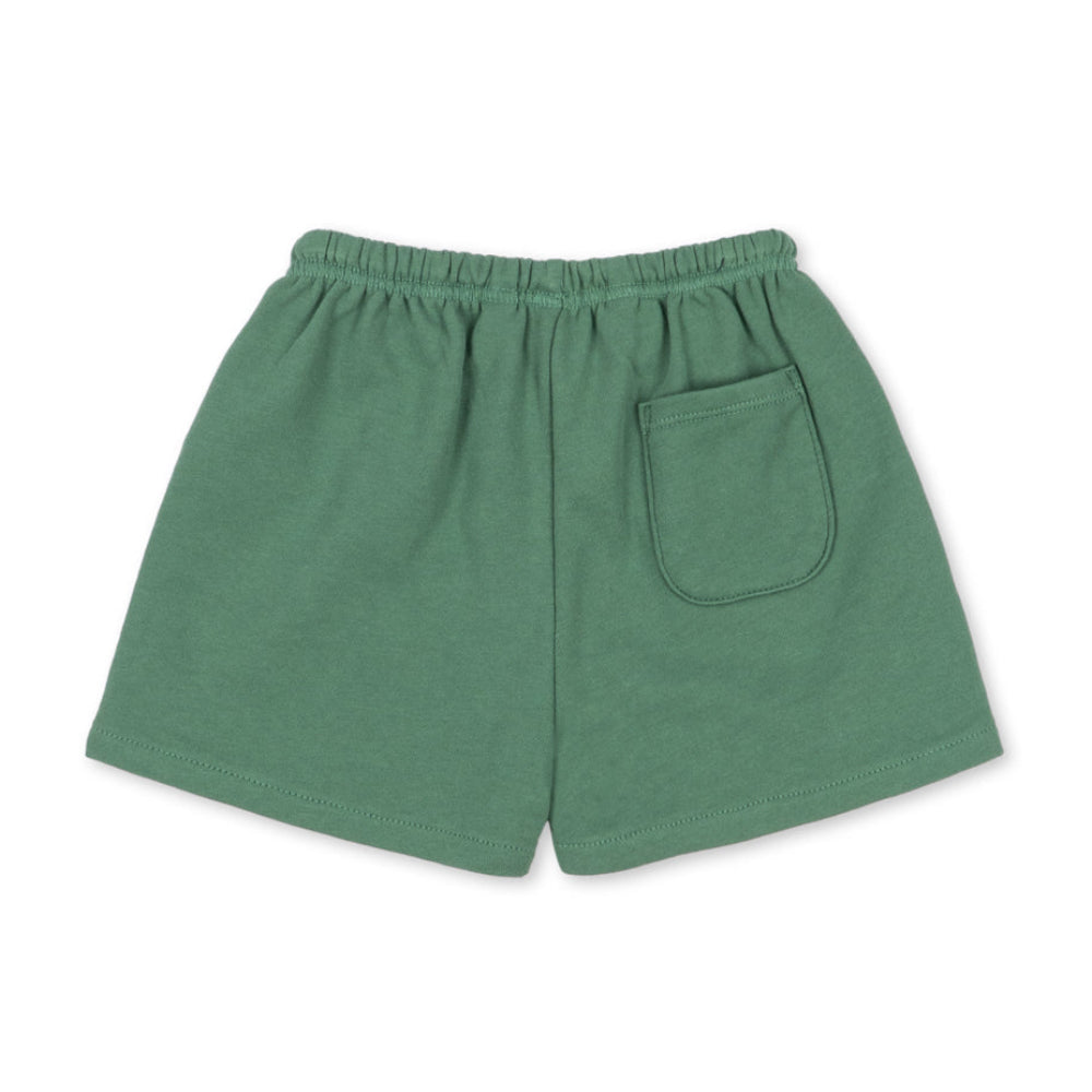 Green boys organic cotton shorts with a pocket on a white background