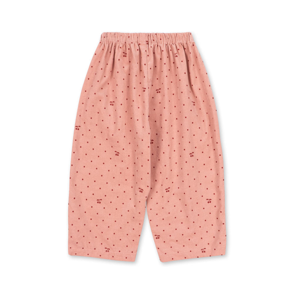 Pink pajama pants with a subtle pattern on a white background