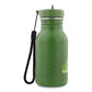 Green water bottle with a black strap on a white background