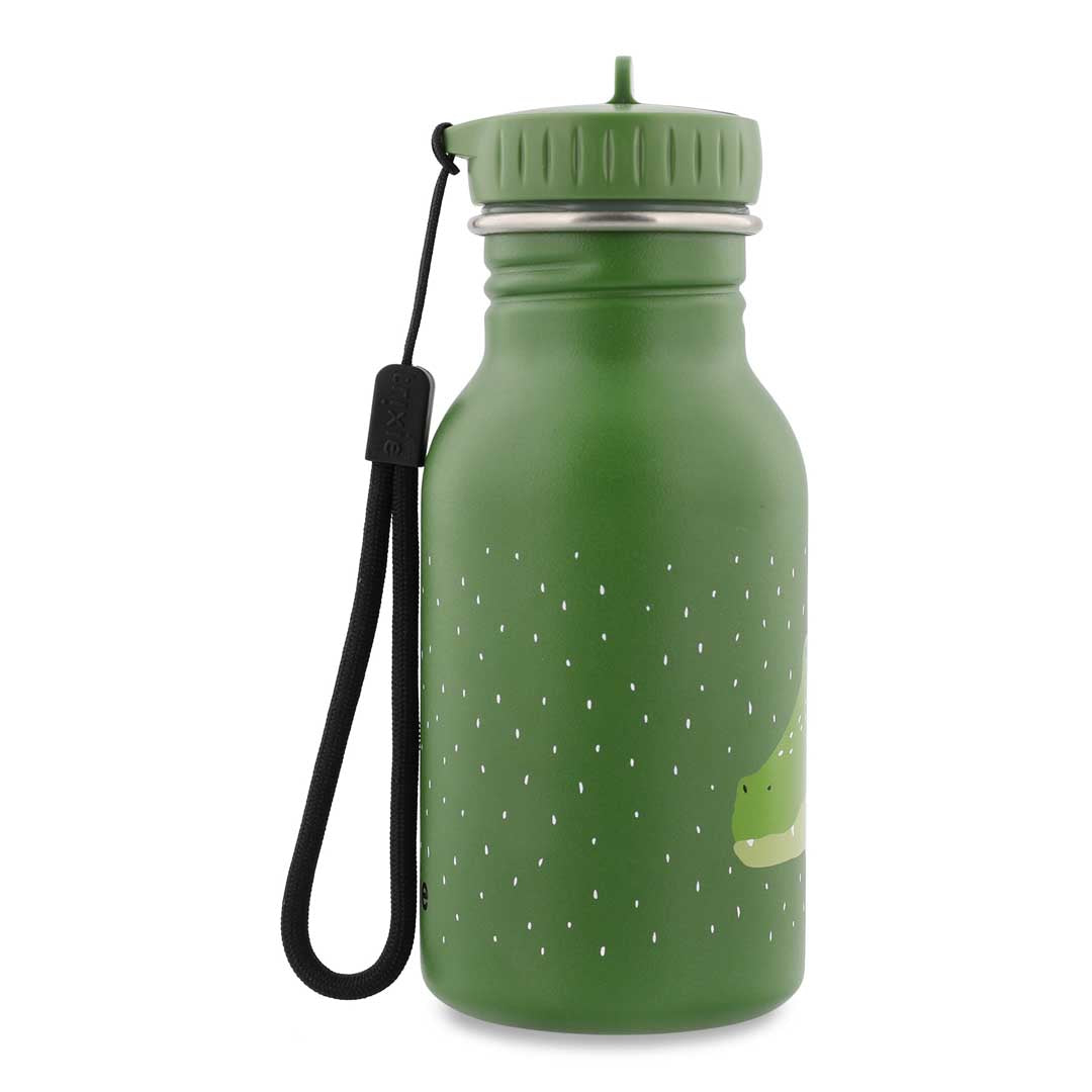 Green water bottle with a black strap on a white background