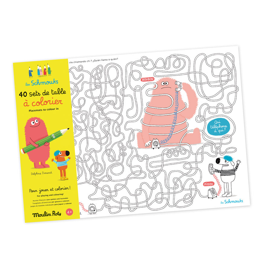 Coloring book with maze and illustrations on a white background