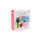 Box of finger paint with cartoon characters on a white background