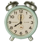 Vintage-style alarm clock with a light green casing and silver bells on a white background.