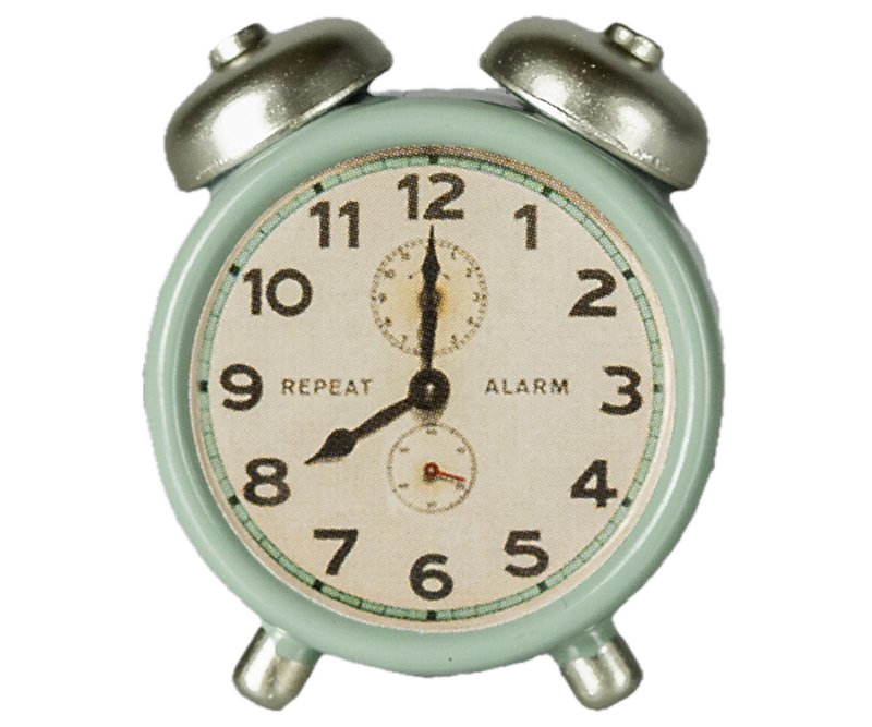 Vintage-style alarm clock with a light green casing and silver bells on a white background.