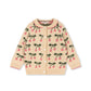 A cream-colored knit cardigan sweater featuring a repeating pattern of pink cherries on branches with green leaves, shown against a plain white background.