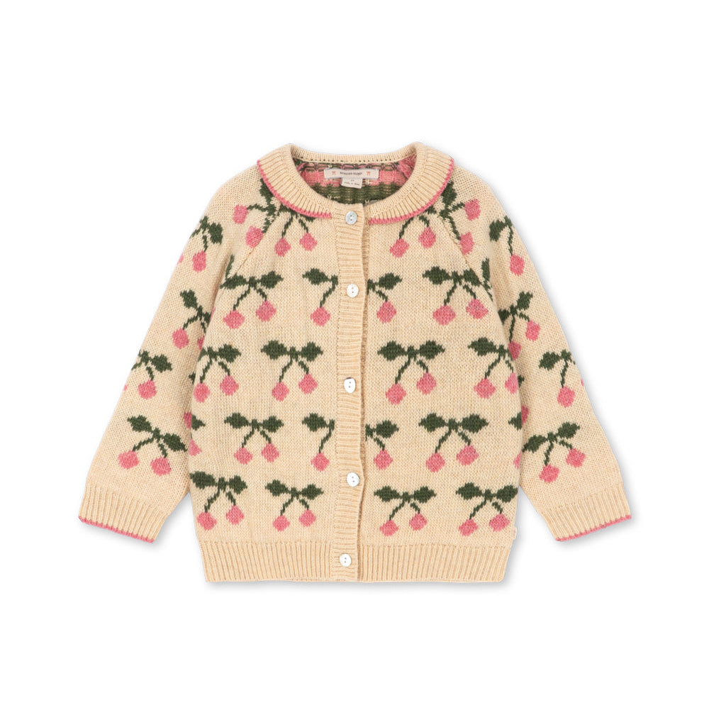 A cream-colored knit cardigan sweater featuring a repeating pattern of pink cherries on branches with green leaves, shown against a plain white background.