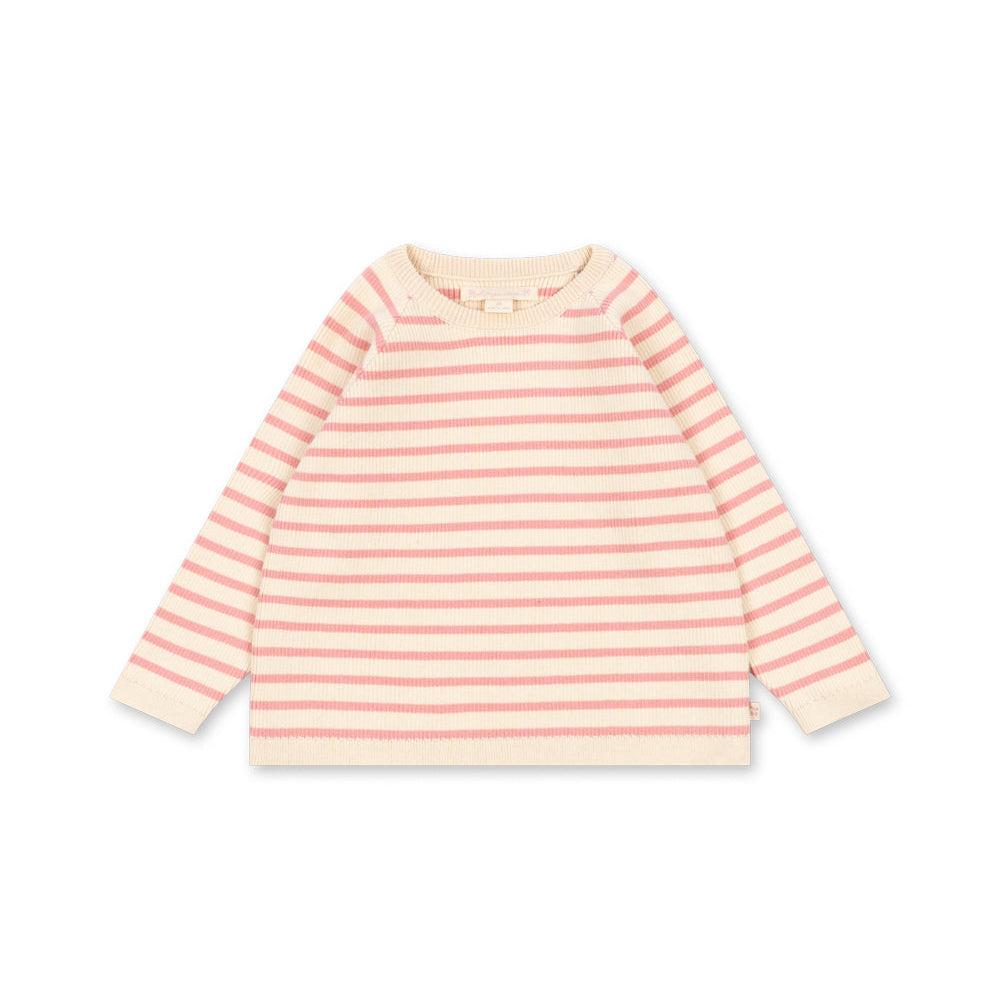 A long-sleeve children's top with horizontal stripes in pale pink and cream, laid flat against a white background.