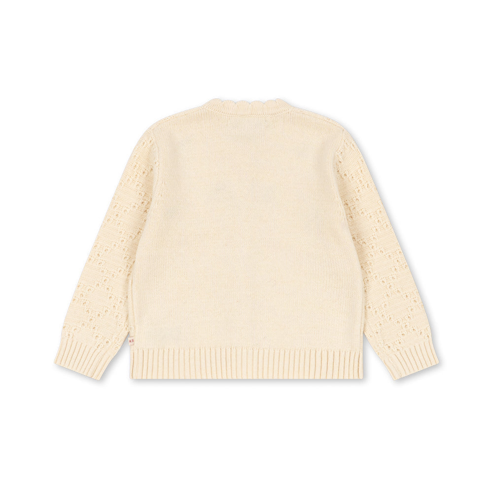 A cream-colored knit sweater shown from the back, featuring a solid ribbed collar, hem, and cuffs, with textured openwork knit sleeves, displayed on a clean white background.