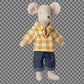Stuffed toy mouse wearing a yellow checkered shirt and blue pants on a transparent background