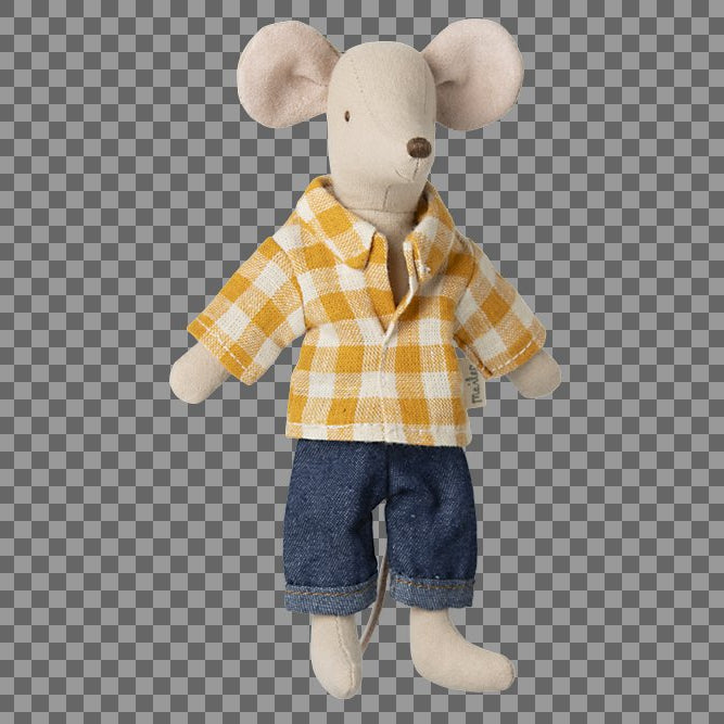 Stuffed toy mouse wearing a yellow checkered shirt and blue pants on a transparent background