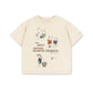 Boys organic cotton summer Beige t-shirt with cartoon characters and text on a white background