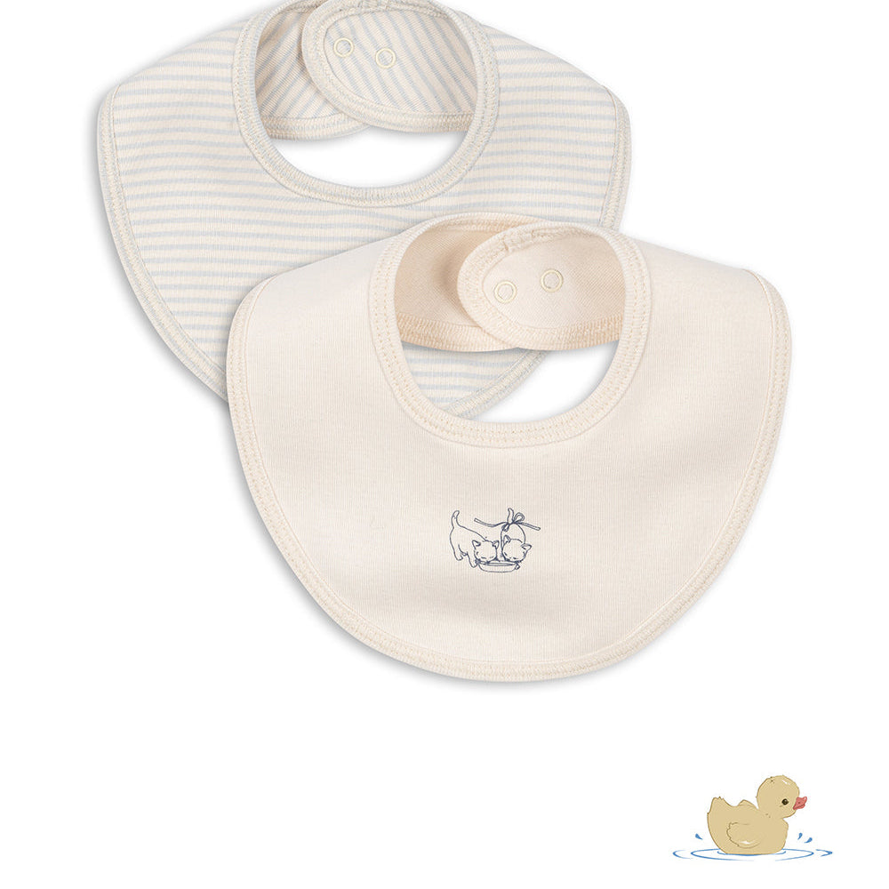 Two baby bibs, one striped and one plain, on a white background with a duck logo.