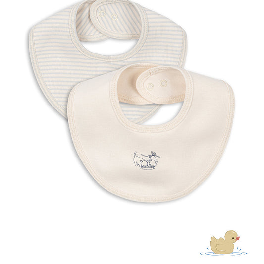 Two baby bibs, one striped and one plain, on a white background with a duck logo.