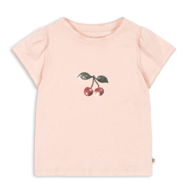 Girls organic cotton Pink t-shirt with cherry design on a white background