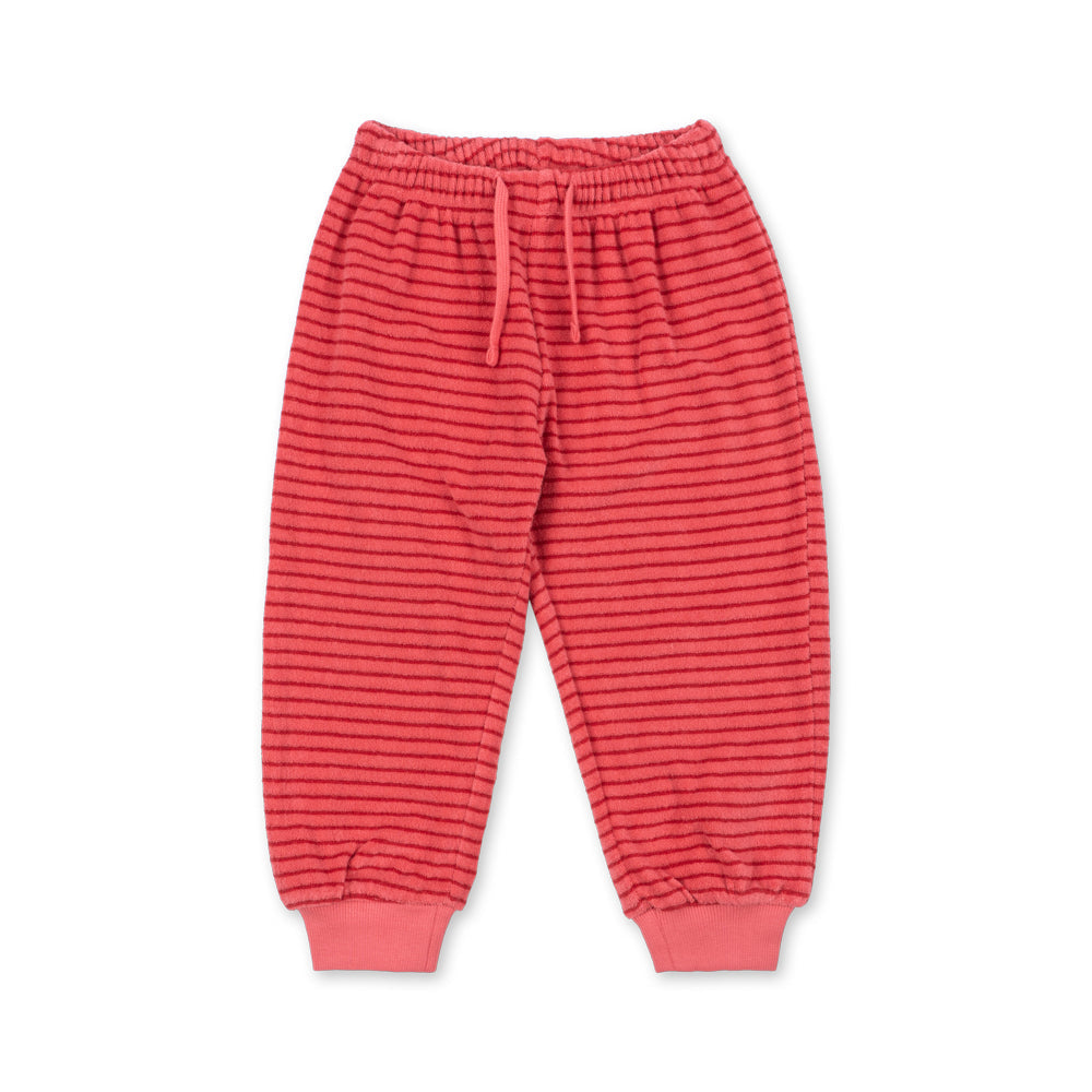 Red and pink horizontally striped jogger pants with an elastic waistband and drawstring, shown flat on a white background.