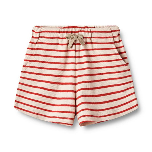Red and cream shorts with adjustable waist. Made from organic cotton