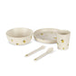 Set of children's tableware with bowls, plate, cup, fork, and spoon on a white background. Knoges Slojd 