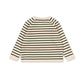 A long-sleeve knit top with horizontal stripes in cream and dark olive green, shown from the back on a plain white background.