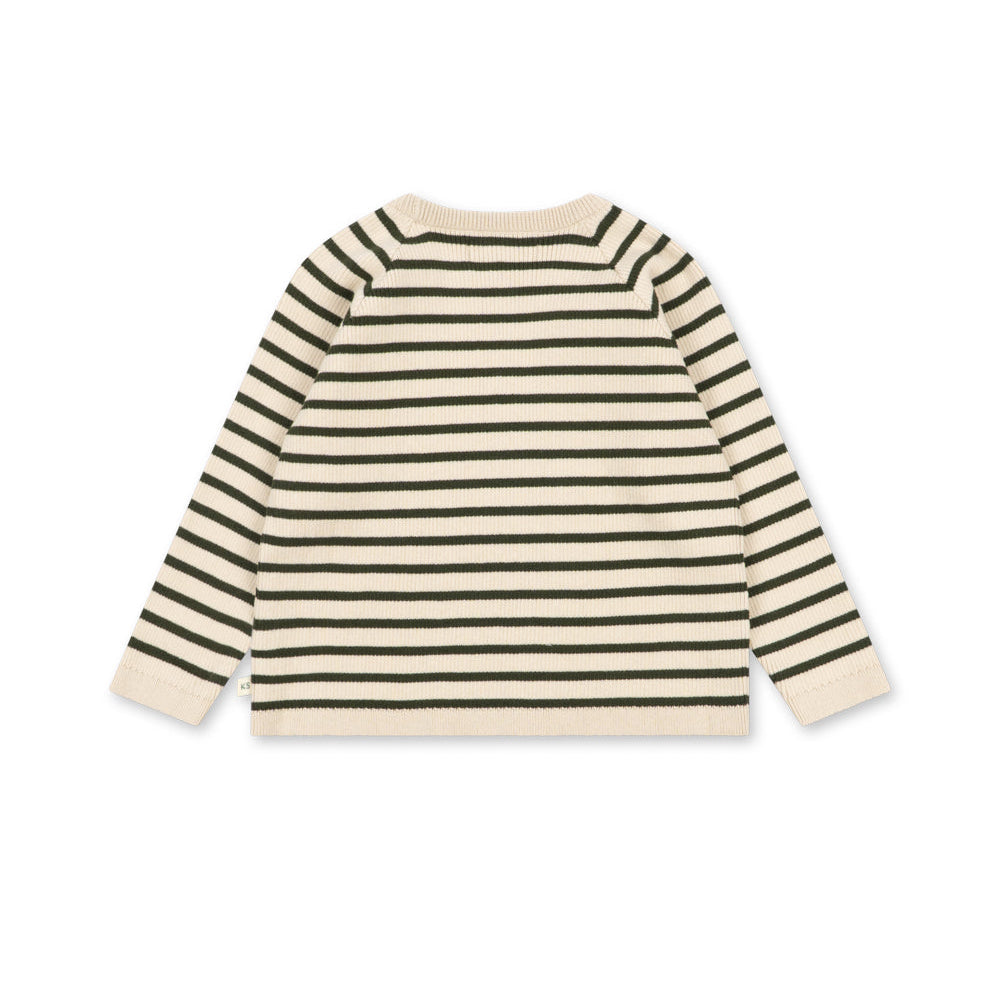 A long-sleeve knit top with horizontal stripes in cream and dark olive green, shown from the back on a plain white background.