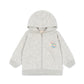 A light gray heather zip-up hoodie with a small multicolor graphic on the left chest, displayed on a clean white background.