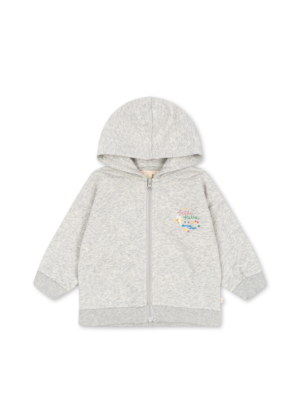 A light gray heather zip-up hoodie with a small multicolor graphic on the left chest, displayed on a clean white background.