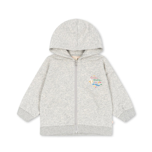 A light gray heather zip-up hoodie with a small multicolor graphic on the left chest, displayed on a clean white background.