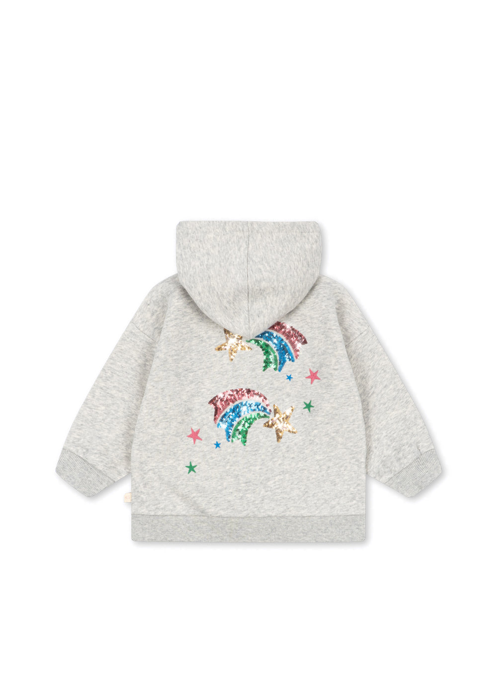 A light gray heathered hooded sweatshirt shown from the back, featuring two colorful sequined rainbows and stars on the back.