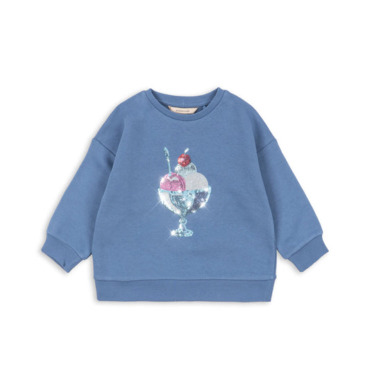 Blue sweatshirt with ice cream design on a white background