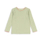 A light green long-sleeve top with a small pink floral pattern and pink trim on the collar and cuffs, displayed flat against a white background.