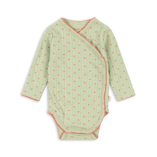 A baby long-sleeve wrap bodysuit in light sage green with a vertical stripe pattern and small pink floral accents, finished with pink ruffle trim along the neckline, armholes, and crotch.