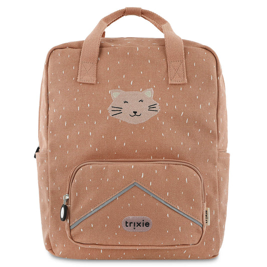  backpack with a cat design and 'trixie' branding on a white background
