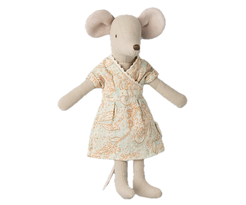 Stuffed mouse toy wearing a floral dress on a white background