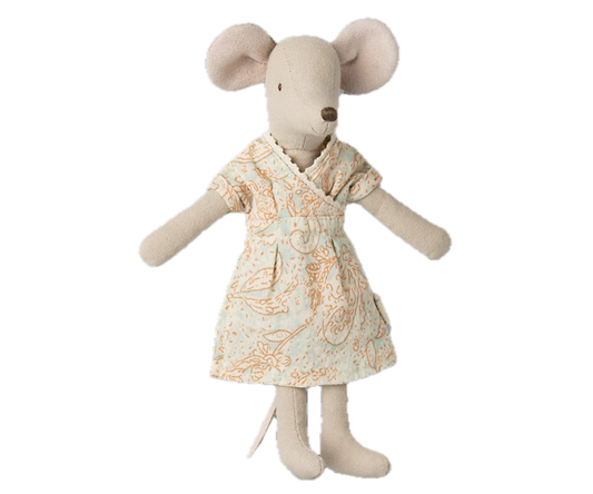 Stuffed mouse toy wearing a floral dress on a white background