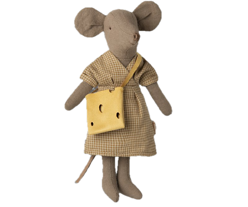 Stuffed mouse toy in a dress with a yellow bag on a black background