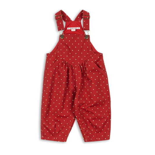 Red polka dot overalls on a white background
