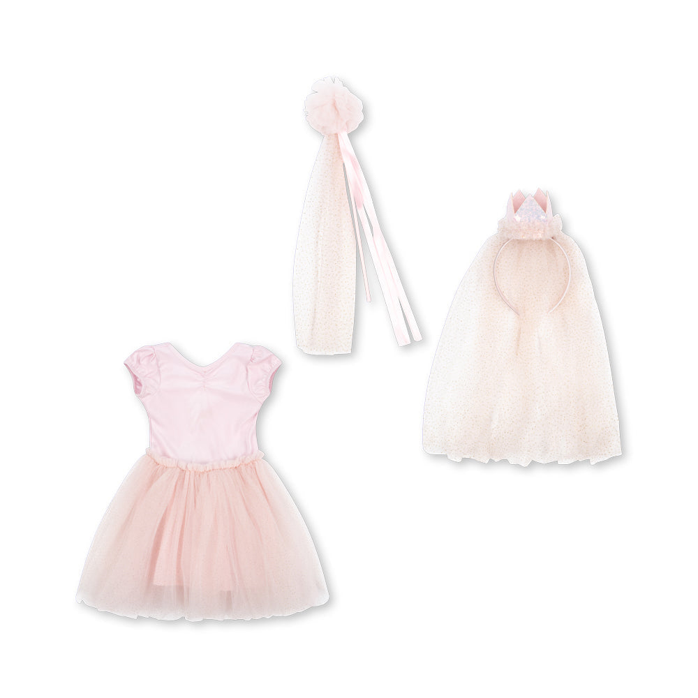 A three-piece doll or baby dress-up set in pale pink and cream, including a short pink dress, a cream tulle cape with bunny ears, and a matching tulle headband with a pom-pom.