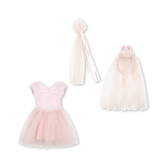 A three-piece doll or baby dress-up set in pale pink and cream, including a short pink dress, a cream tulle cape with bunny ears, and a matching tulle headband with a pom-pom.