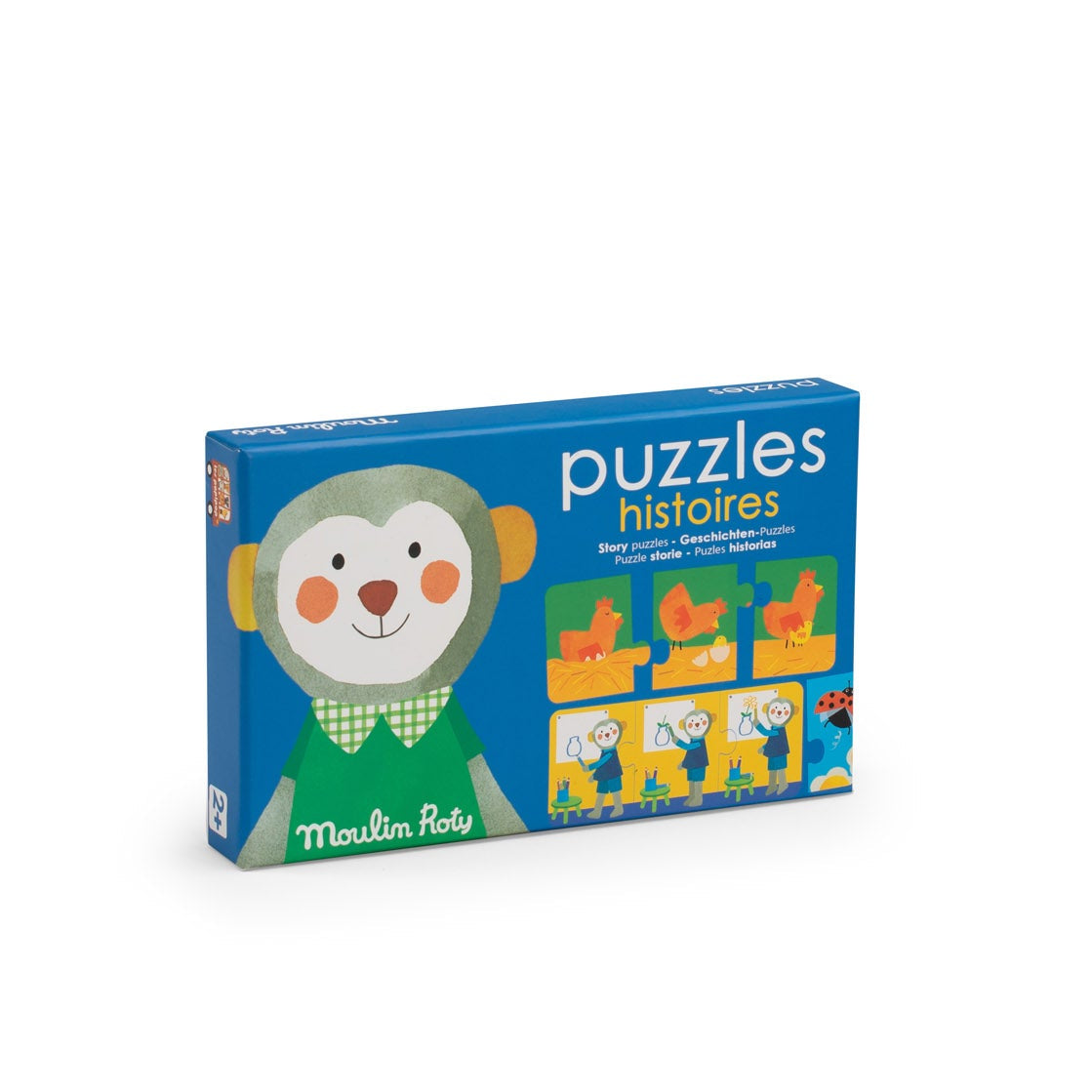 Children's puzzle set packaging with a monkey illustration on a white background