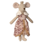 Stuffed mouse toy with a patterned dress and tiara on a white background