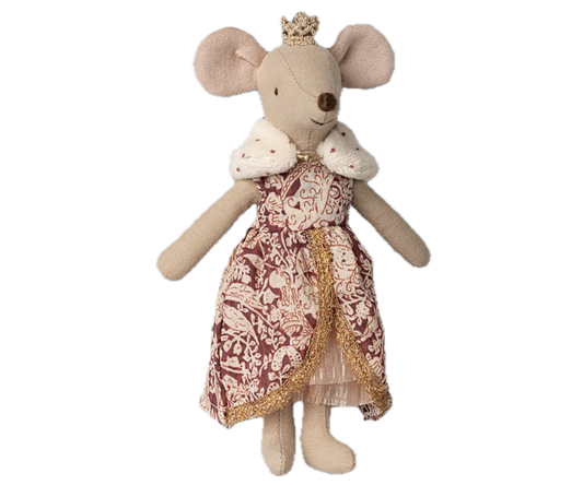Stuffed mouse toy with a patterned dress and tiara on a white background