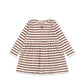 A long-sleeve baby dress with horizontal rust red and cream stripes, featuring a gathered waist and a small bow at the neckline, shown on a plain white background.
